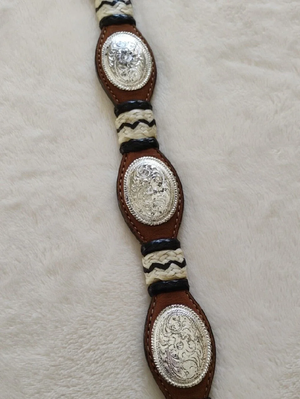 Women's Western  Leather Belt with Silver Look Conchos and Cream Braided Accents